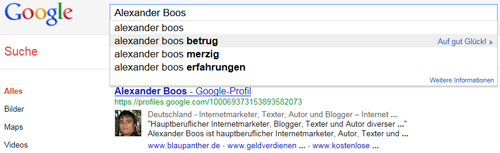 Sucht man bei Google nach Alexander Boos kommt wie so oft der Zusatz Betrug